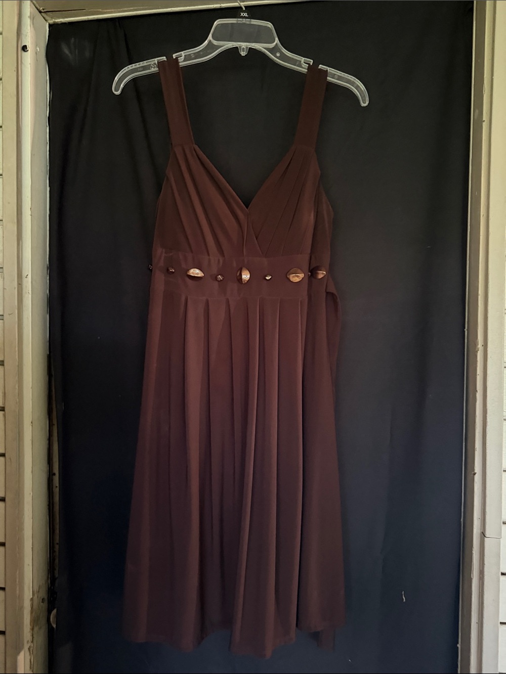 Bisou Bisou Brown V-Neck Pleated Midi Dress with Waist Embellishments
